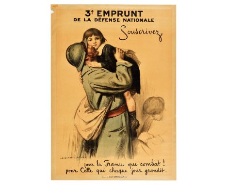 Original antique World War One propaganda poster inviting to buy war bonds - 3e Emprunt de la Defense Nationale. Souscrivez p