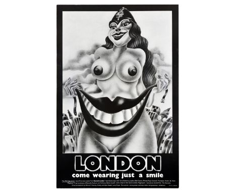 Original vintage travel poster London come wearing just a smile featuring the design by the British artist and illustrator Al