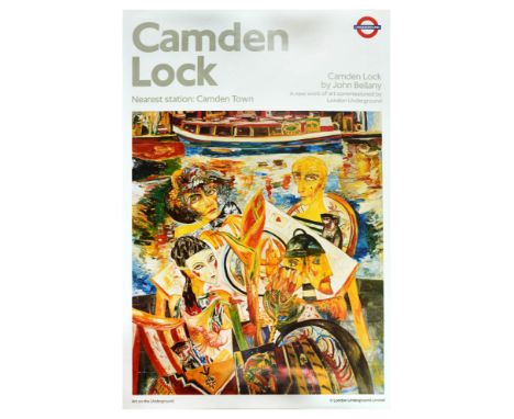 Original vintage London Underground poster for Camden Lock nearest station Camden Town. Colourful illustration depicting peop