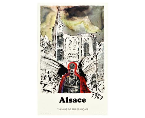 Original vintage travel poster advertising Alsace featuring historic buildings on the skyline in black and white with a subtl