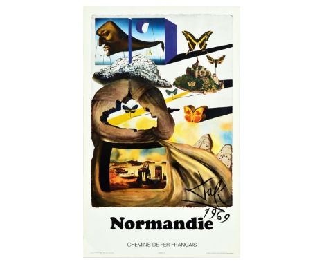 Original vintage travel poster advertising Normandy featuring iconic butterflies and buildings with boats on a sandy beach an