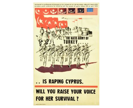 Original vintage propaganda poster issued for the European Youth Conference for Solidarity with the People of Cyprus Athens 8