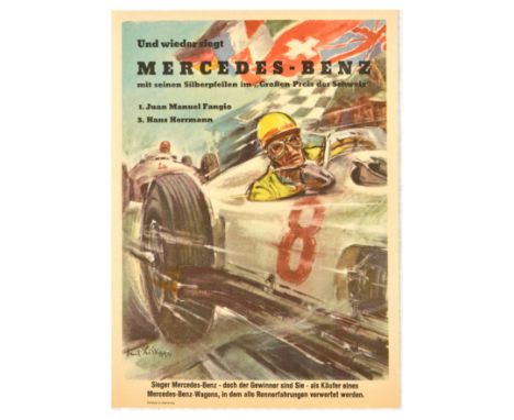 Original vintage motor sport advertising poster celebrating the Mercedes-Benz victory at the 1954 Swiss Grand Prix - und wied