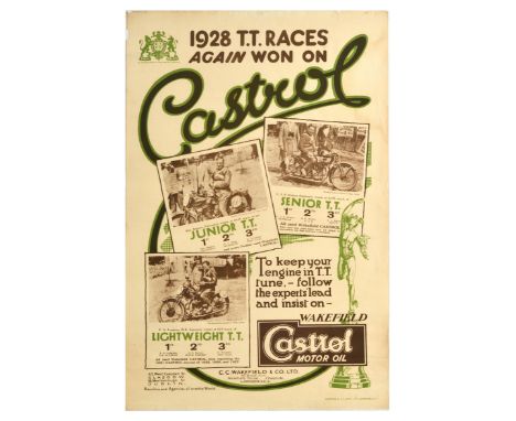 Original vintage advertising poster - 1928 T.T. Races again won on Castrol - To keep your engine in T.T. tune - follow the ex