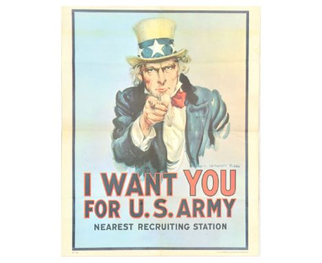 Original vintage army recruitment propaganda poster - I Want You For U.S. Army - featuring an iconic image of Uncle Sam, a na