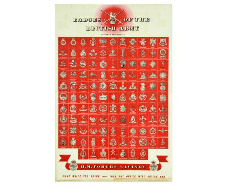 Original vintage propaganda poster Badges of the British Army in order of seniority by the H.M. Forces Savings - Save while y