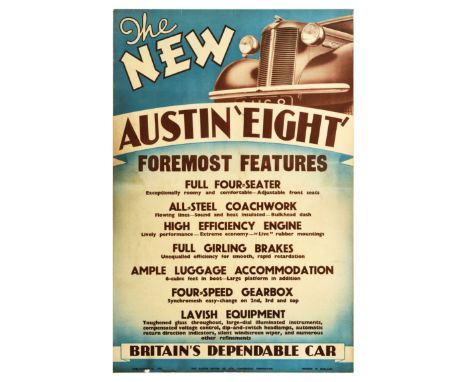 Original vintage advertising poster for The New Austin ‘Eight’ car, foremost features - Full four-seater - Exceptionally room