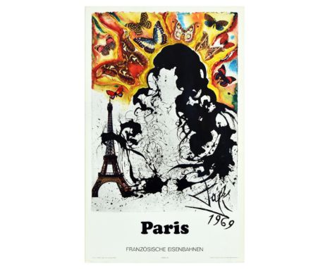 Original vintage travel poster advertising Paris featuring the Eiffel Tower with abstract lines and colourful butterflies des