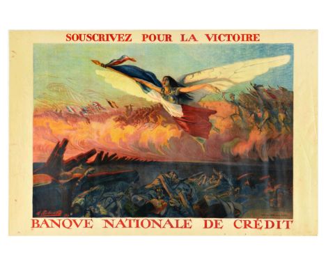 Original antique World War One propaganda poster inviting to buy war bonds - Souscrivez pour la Victoire. Banque Nationale de