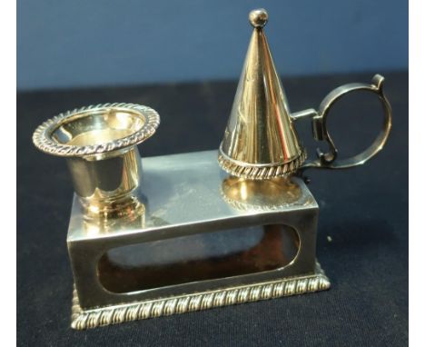 A London 1896 silver hallmarked combination match box holder, go to bed candle stick and candle snuffer (8.5cm x 6.5cm x 9cm)