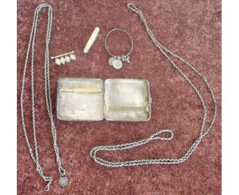 Sheffield silver hallmarked cigarette case, white metal bangle mounted with Victorian white metal coins, a small pocket knife