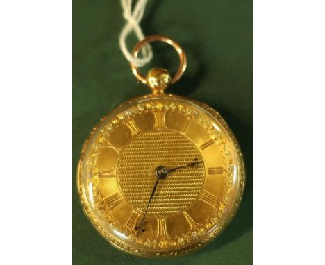 18ct gold open faced gents pocketwatch with engine turn detail to the dial 