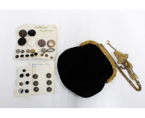 A black velvet bag with gilt metal chatelaine strap containing a set of  six late Victorian silver buttons together with a co
