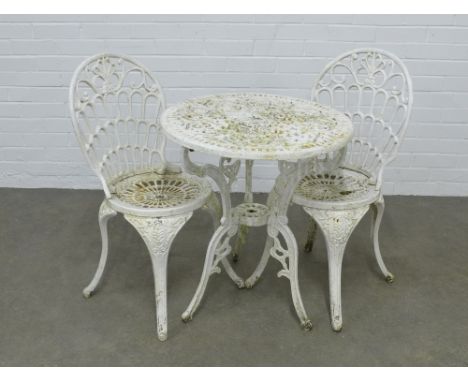 Vintage white painted metal garden / patio set comprising a table and two chairs, 61 x 67cm. (3)