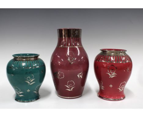 Three Wedgwood Veronese vases to include two pink and one green, all with stylised silver flowers, impressed factory marks (3