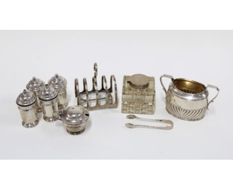 Silver cruet set, silver sugar tongs, silver toast rack London 1916, Victorian silver sugar bowl  and a silver topped glass i