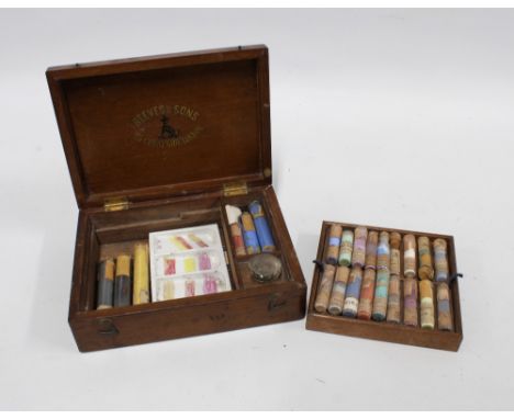 An Edwardian Reeves &amp; Sons paint box with powder colours and ceramic mixing tray, etc