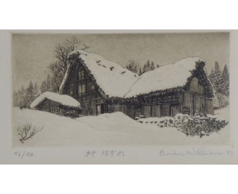 BRIAN WILLIAMS, etching a snow capped dwelling, signed and dated '81, No. 96/100, framed under glass, 15 x 8cm