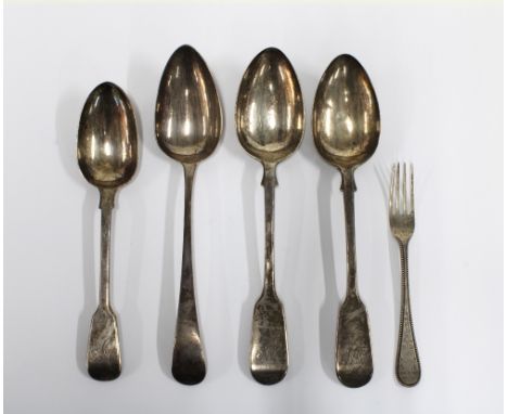 George III silver table spoon London 1800, two Victorian silver table spoons London 1847,  silver fiddle pattern spoon London