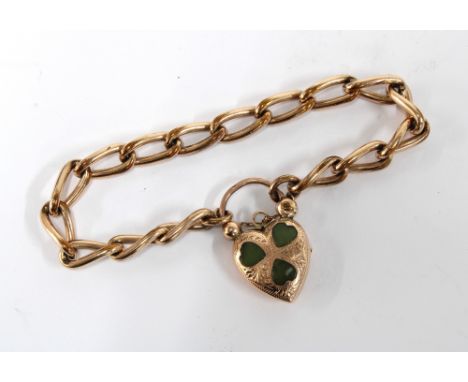 Gold plated bracelet with a 9ct gold heart shaped padlock, inset with three jade leaf panels, Birmingham hallmarks