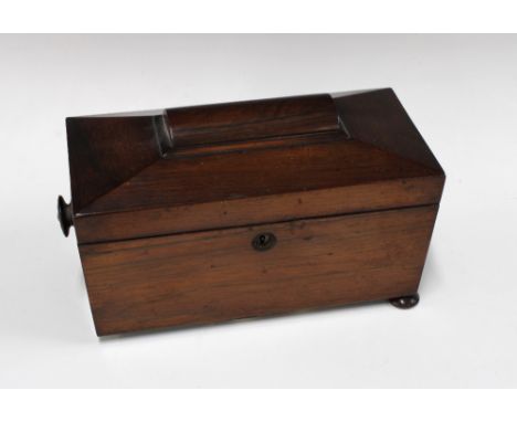19th century rosewood sarcophagus tea caddy, with a glass mixing bowl, (a/f - one bun foot lacking)  30 x 18cm