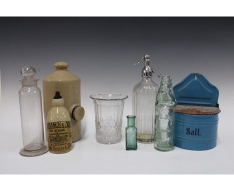 Collection of vintage kitchenalia, including a soda siphon, celery vase, a blue enamel salt container, bottles etc (8)