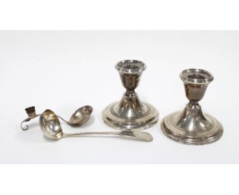 Georgian Scottish silver toddy ladle,  Eastern white metal spoon and a pair of unmarked desk candlesticks (4)