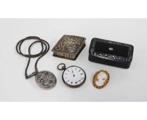 Birmingham silver pill box, papier mache snuff box, cameo brooch in a yellow metal frame, silver cased fob watch and a locket