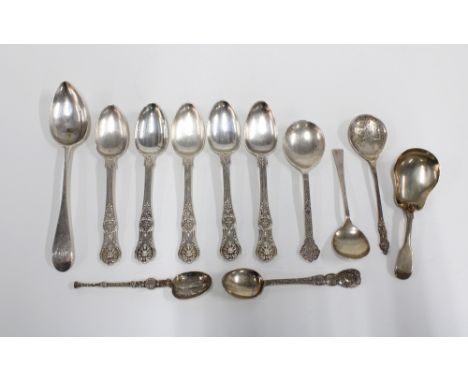 A collection of silver teaspoons with mixed hallmarks and a silver caddy spoon, Glasgow 1821  (12)