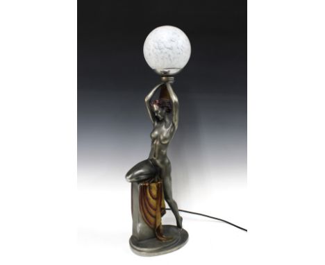 Art deco style female figural lamp, with glass globe shade, 72cm