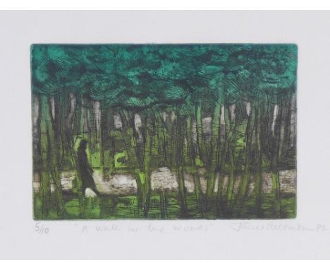 JANET PATTERSON (SCOTTISH b.1941) A WALK IN THE WOODS, coloured etching 5/10, signed and framed under glass, Provenance: The 