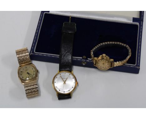 Gents Garrard gold plated wristwatch with mother of pearl dial together with a Gents vintage 9ct gold cased wristwatch and a 