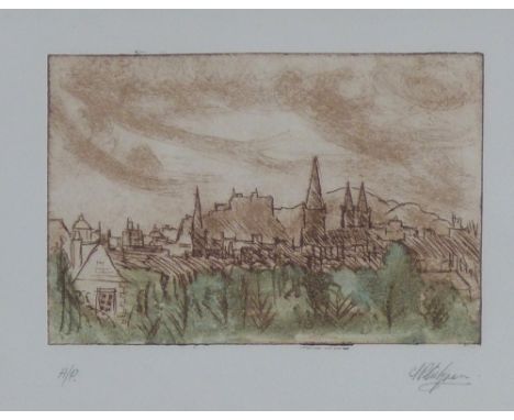 Artist Proof etching of Edinburgh's Skyline, signed indistinctly and framed under glass, 15 x 10cm