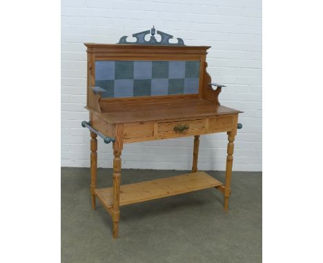 Vintage pine wash stand with painted chequer back,  101 x 131 x 49cm.