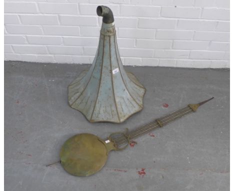Vintage tin gramophone horn and a large brass pendulum (2) 