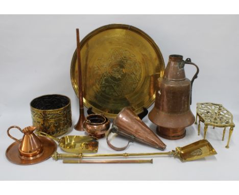 Box containing various copper and brass metalware, including a large brass tray, copper jug, two trivets, hunting horn etc
