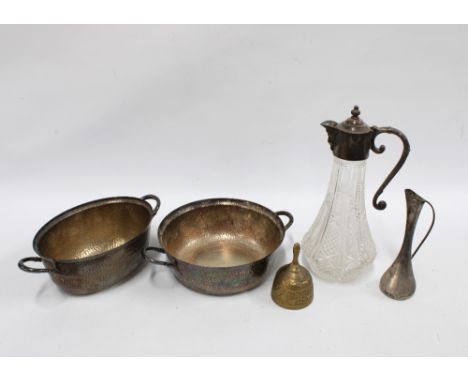 Glass and silver plate claret jug, together with a small bud vase, two Walker &amp; Hall hammered dishes, and a brass bell