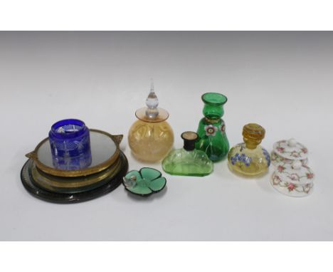 Collection of mixed glass and porcelain scent bottles and trinket jars together with circular mirrored  glass stands, etc (11