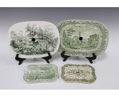 Late Copeland Spode graduated set of two mazarine drainers together with two others, with green transfer printed pattern, lar