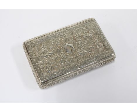 White metal snuff box, all-over repoussé pattern of figures on horseback, hinged lid, apparently unsigned, 10 x 6.5cm