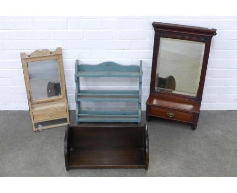 Mixed lot to include blue painted wooden shelves, mahogany mirror, pine mirror and book trough. (4)