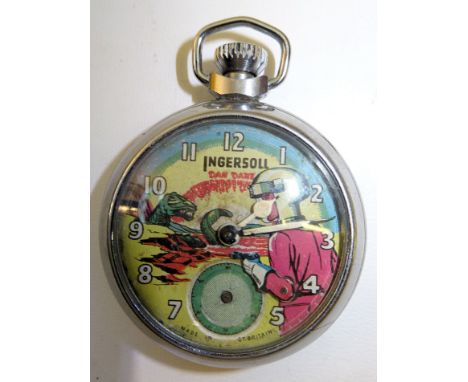 An Ingersoll chrome cased Dan Dare Pocket Watch with automaton arm movement and the Eagle Comic emblem to reverse (seconds ha
