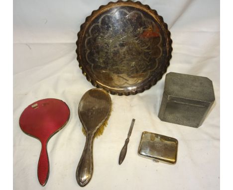 A silver and pink enamel Hand Mirror, silver backed Hairbrush, silver Cigarette Case, pewter Tea Caddy, etc.