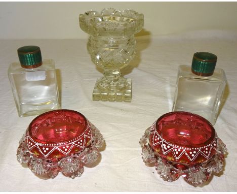 A 19th Century cut glass Vase on a square foot.  5" (12 1/2cms) high, pair of cranberry glass salts with enamelled decoration