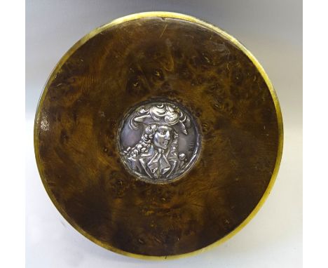 A 19th Century burr yew wood circular Snuff Box with two interior compartments the top inset with a circular silver plaque ba