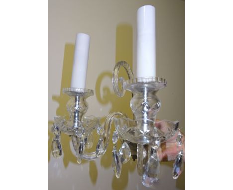 A set of three glass two-branch Wall Lights with scroll branches and hung with button and pear lustre drops.