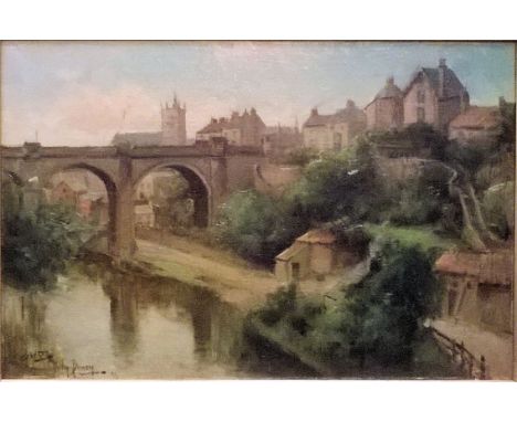 •OWEN BOWEN (1873-1967); Railway Viaduct, Knaresborough, oil on canvas signed "Sketch by Owen Bowen". 12" (30cms) x 17" (43cm