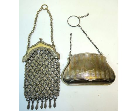 An engine turned silver Purse with chain handle, Birmingham 1915, and a mesh Evening Purse.