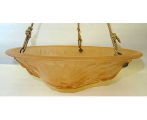 A peach coloured frosted glass Ceiling Light Bowl Shade decorated in relief with flowers, 14" (36cms) diameter.