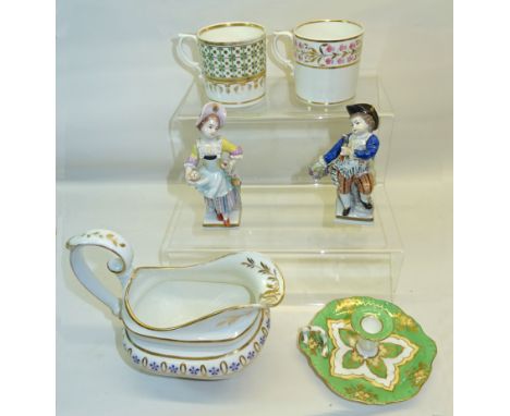 A pair of Sitzendorf porcelain Figures from the seasons series.  4" (10cms) high, an early 19th Century Derby creamer decorat